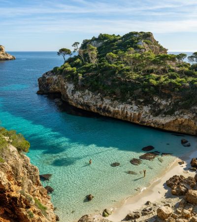 a beach with clear blue water next to cliff